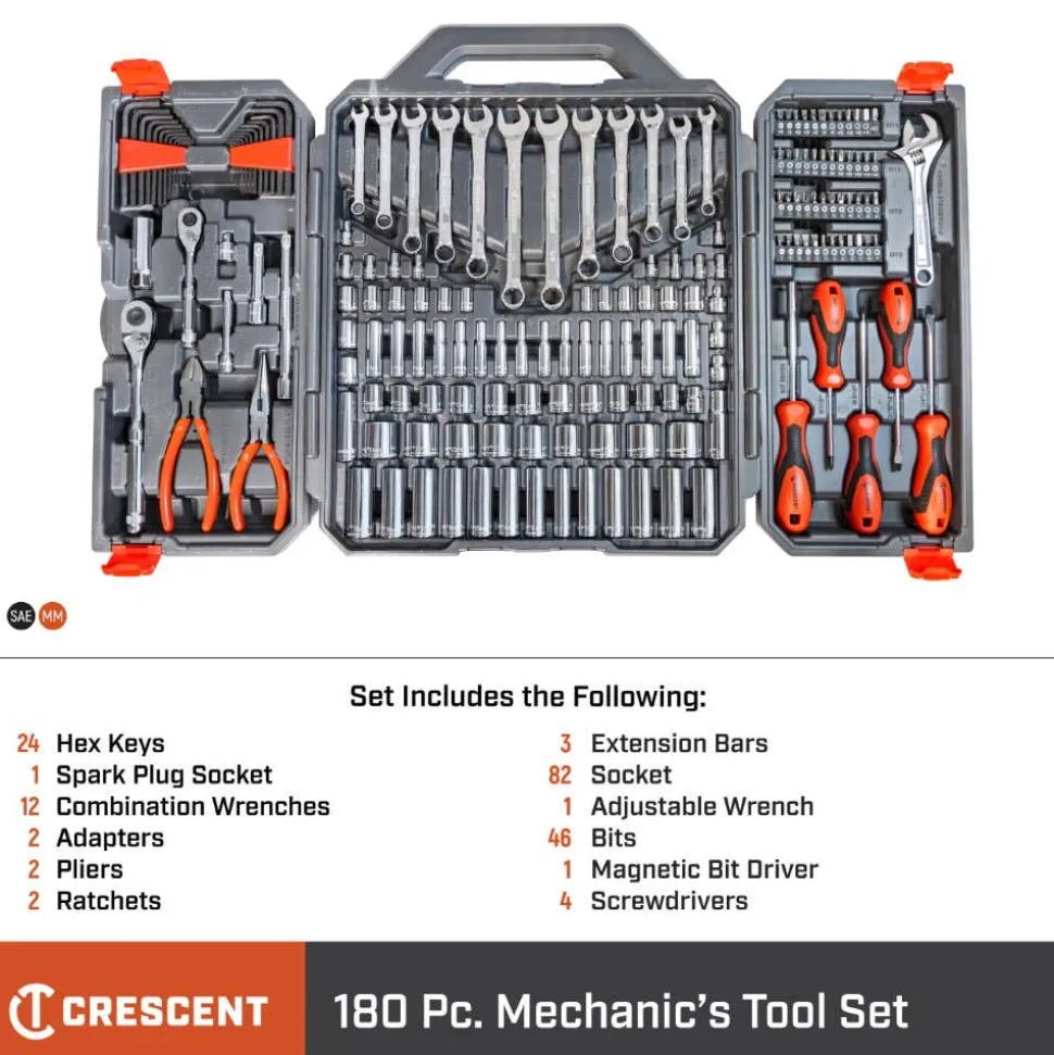Crescent 180 Piece 1/4" & 3/8" Drive 6 Point SAE/Metric Professional Tool Set CTK180