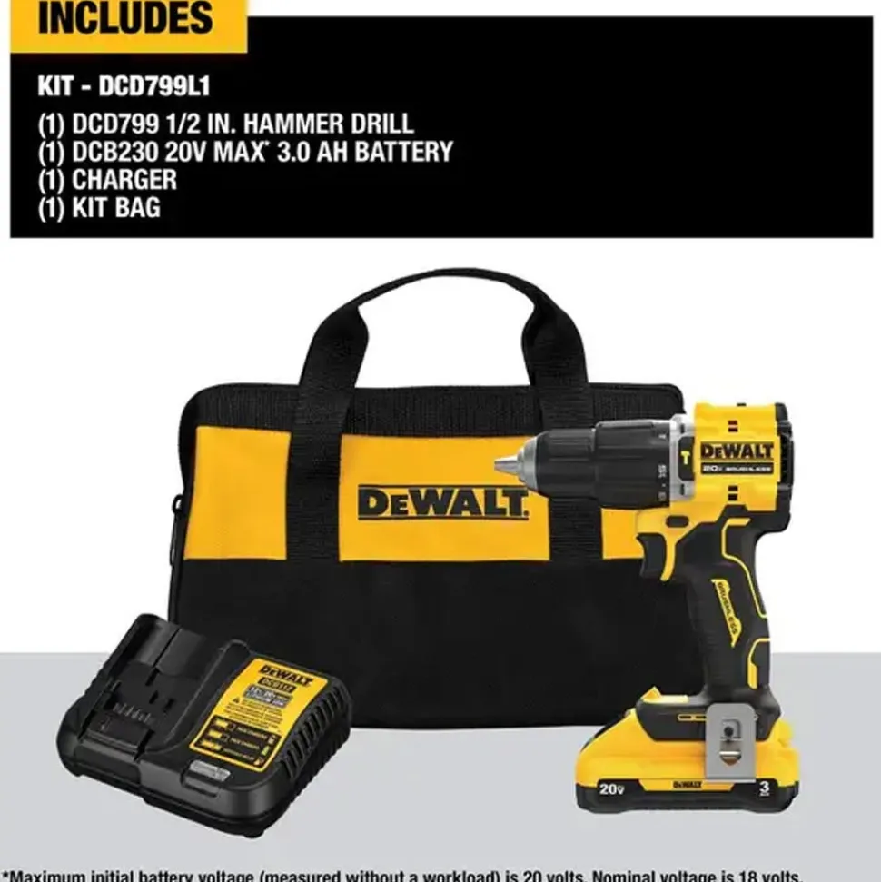 DeWalt Power Tools 20V MAX Brushless 1/2" Hammer Drill & 20V Max 5.0Ah Battery DCD799L1-DCB205