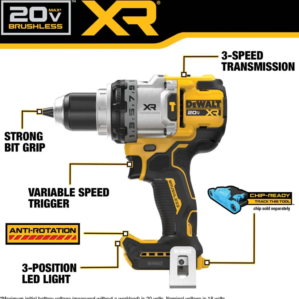 DeWalt 20V MAX* XR Brushless Cordless 1/2" Hammer Drill Kit DCD1007WW1