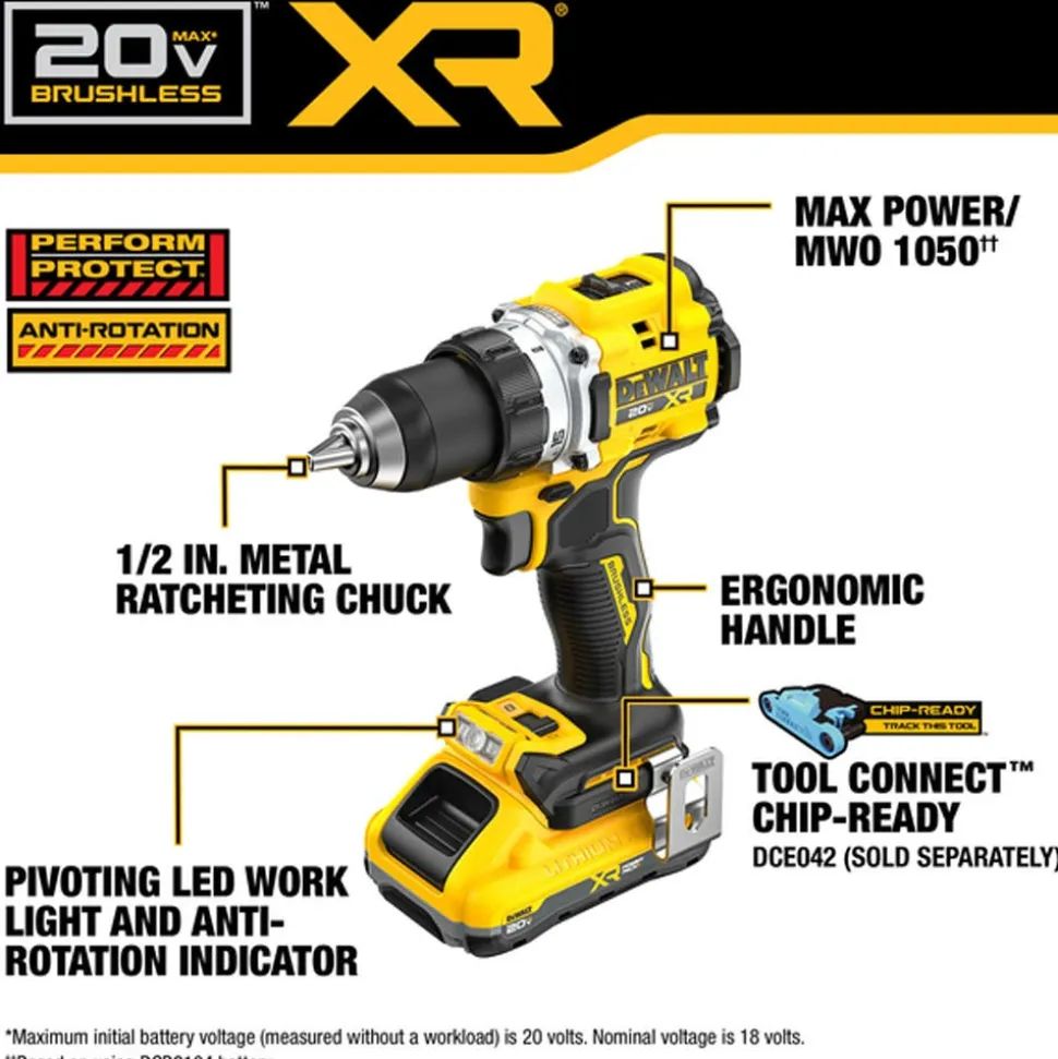 DeWalt 20V MAX* XR® Brushless Cordless 1/2" Drill/Driver Kit With POWERPACK™ Batteries DCD801QQ2