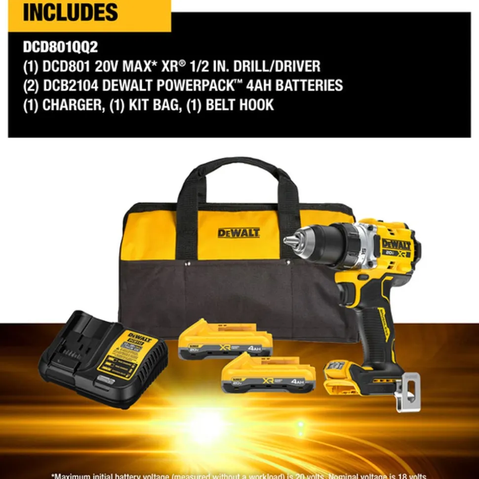 DeWalt 20V MAX* XR® Brushless Cordless 1/2" Drill/Driver Kit With POWERPACK™ Batteries DCD801QQ2