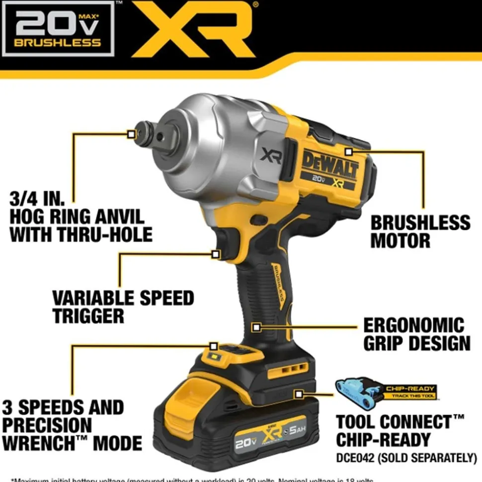 DeWalt 20V MAX XR Brushless Cordless 3/4" High Torque Impact Wrench With Hog Ring Anvil Kit with XR POWERSTACK DCF964GH1