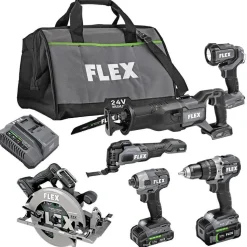Flex 24V 6-Tool Combo Kit - Hammer Drill, Impact Driver, Recip, Circular saw, Oscillating Tool, LED light (2.5Ah/5.0Ah) FXM601-2B