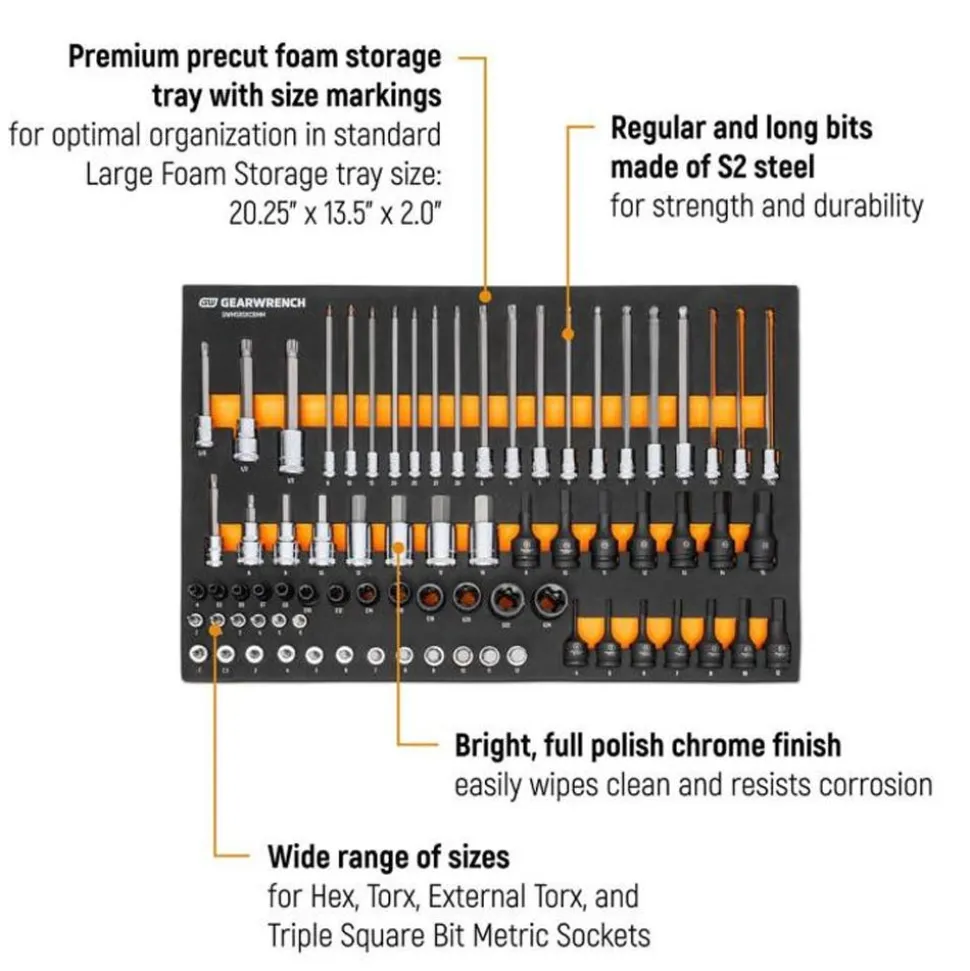 Gearwrench 74 Piece 1/4", 3/8", 1/2" Drive Metric Bit Socket Set w/ Foam Storage Tray GWMSBSKCBMM