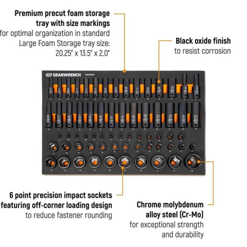 Gearwrench 66 Piece 1/4", 3/8", 1/2" Drive 6 Point Metric Impact Socket Set w/ Foam Storage Tray GWMSISKMM