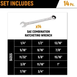 Gearwrench 14 Piece 90-Tooth 12 Point SAE Combination Ratcheting Wrench Set 86959