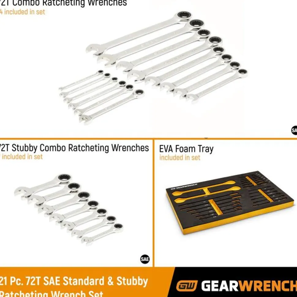 Gearwrench 21 Piece 72-Tooth 12 Point SAE Standard & Stubby Combination Ratcheting Wrench Set w/ Foam Storage Tray 86526