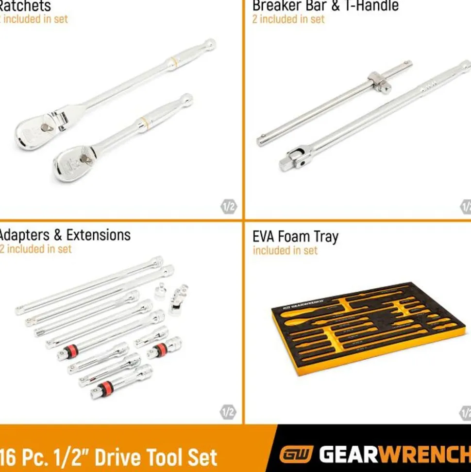 Gearwrench 17 Piece 1/2" 90-Tooth Ratchet & Drive Tool Set w/ Foam Storage Tray 86522