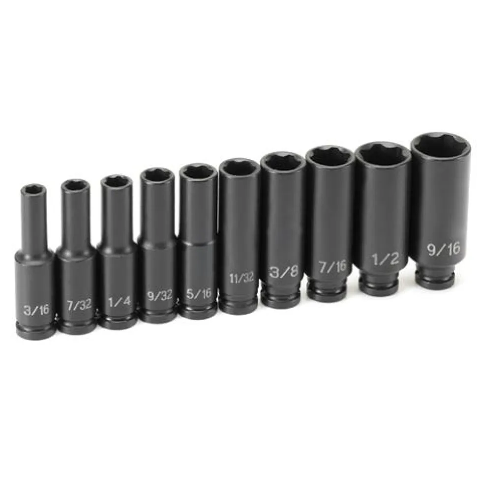 Grey Pneumatic 10 Piece 1/4" Surface Drive SAE 6 Point Deep Impact Socket Set 9710D