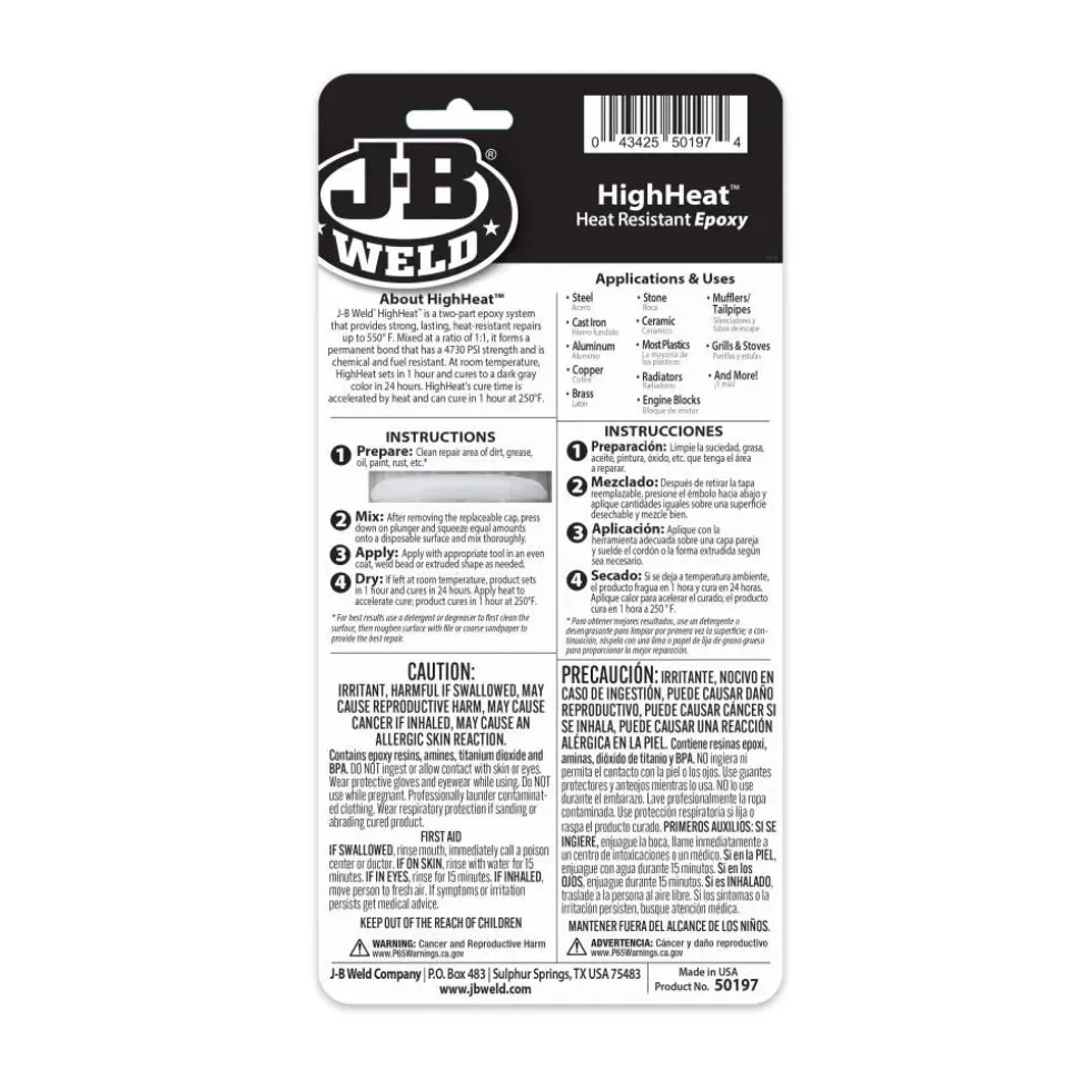 J-B Weld HighHeat Syringe Cold Weld Epoxy (Repair Metal, Fiberglass, Fuel Resistant) 50197