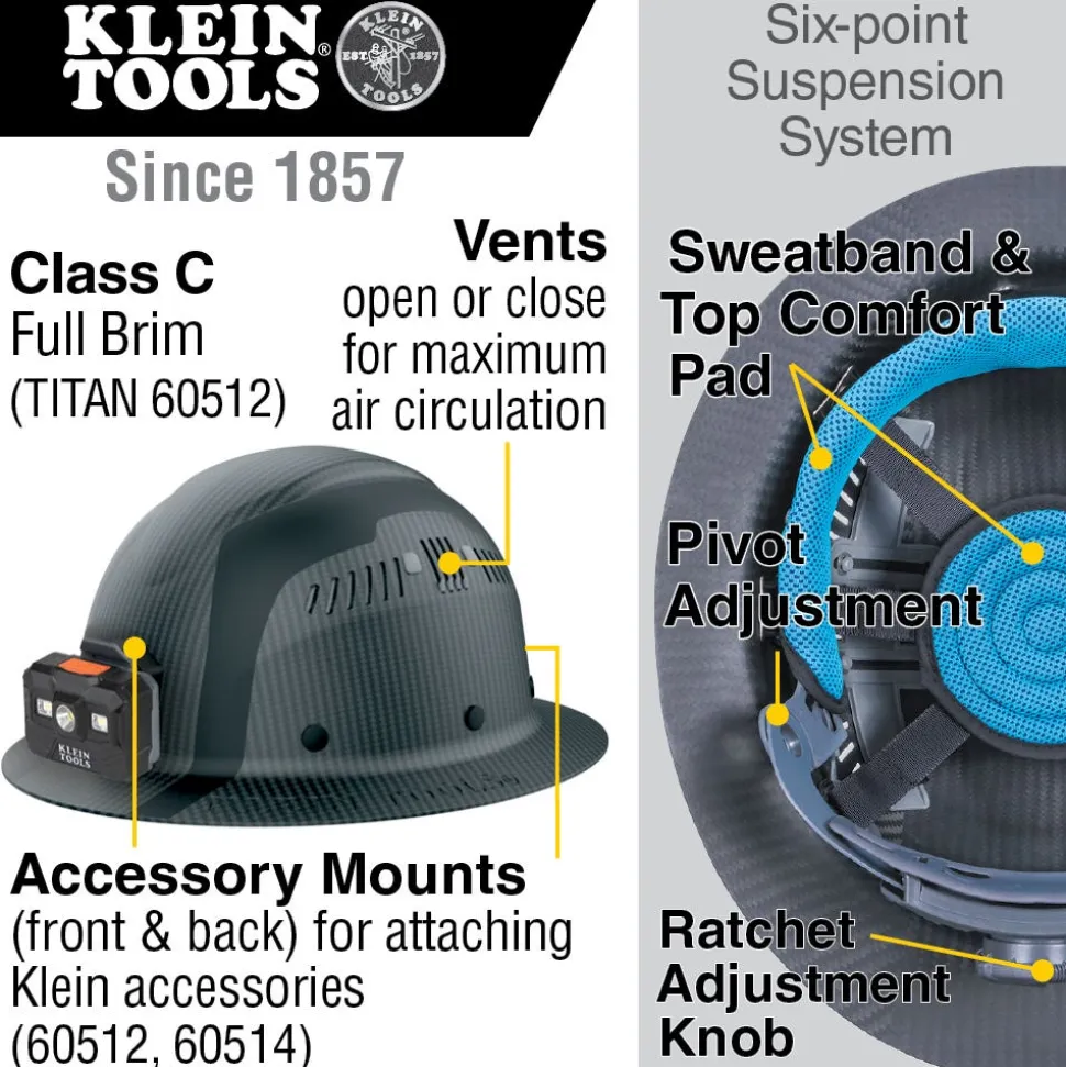 Klein Carbon Fiber Full Brim Hard Hat with Headlamp, Titan 60512