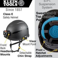 Klein Tools Safety Helmet, Premium KARBN Pattern, Non-Vented, Class E, Headlamp 60515