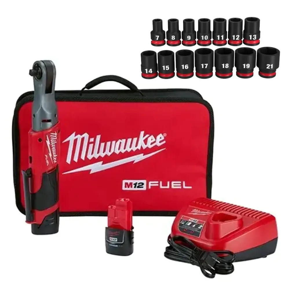 M12 Fuel 3/8" Ratchet (2.0Ah) w/ 14 Piece Shockwave Impact Duty 3/8" Drive Metric Standard 6 Point Socket Set Bundle