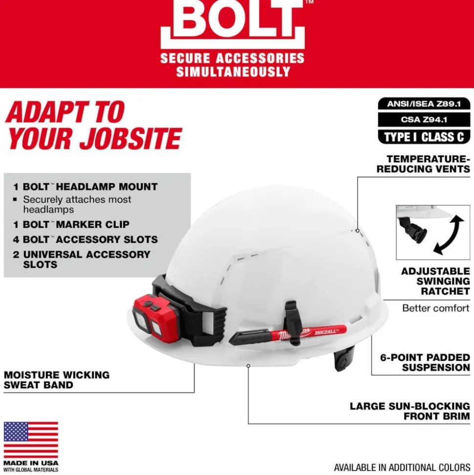 Milwaukee BOLT Hard Hat Vented, Class C Front Brim 6pt Suspension - Orange 48-73-1232