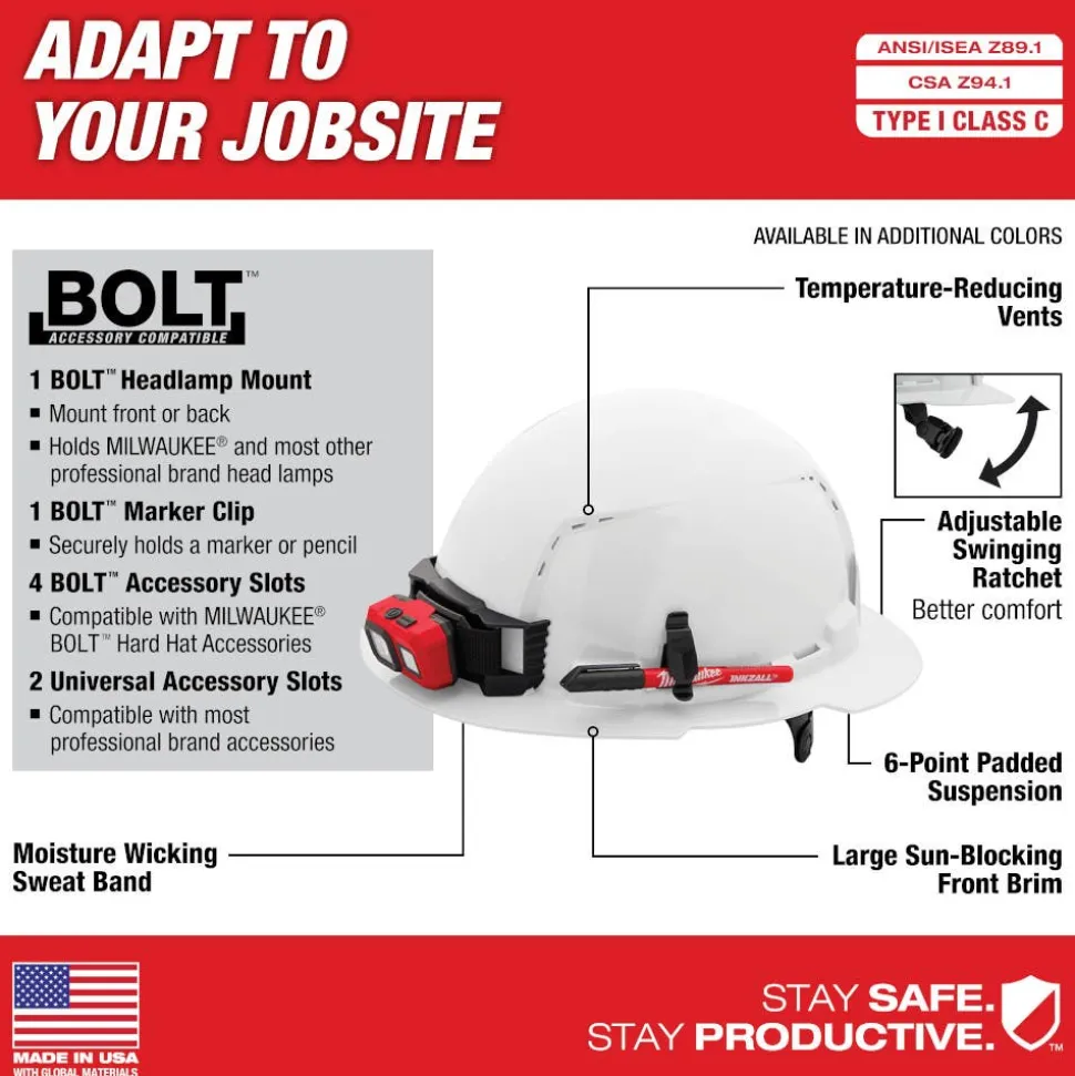 Milwaukee BOLT Hard Hat Vented, Class C Full Brim 6pt Suspension - Red 48-73-1229