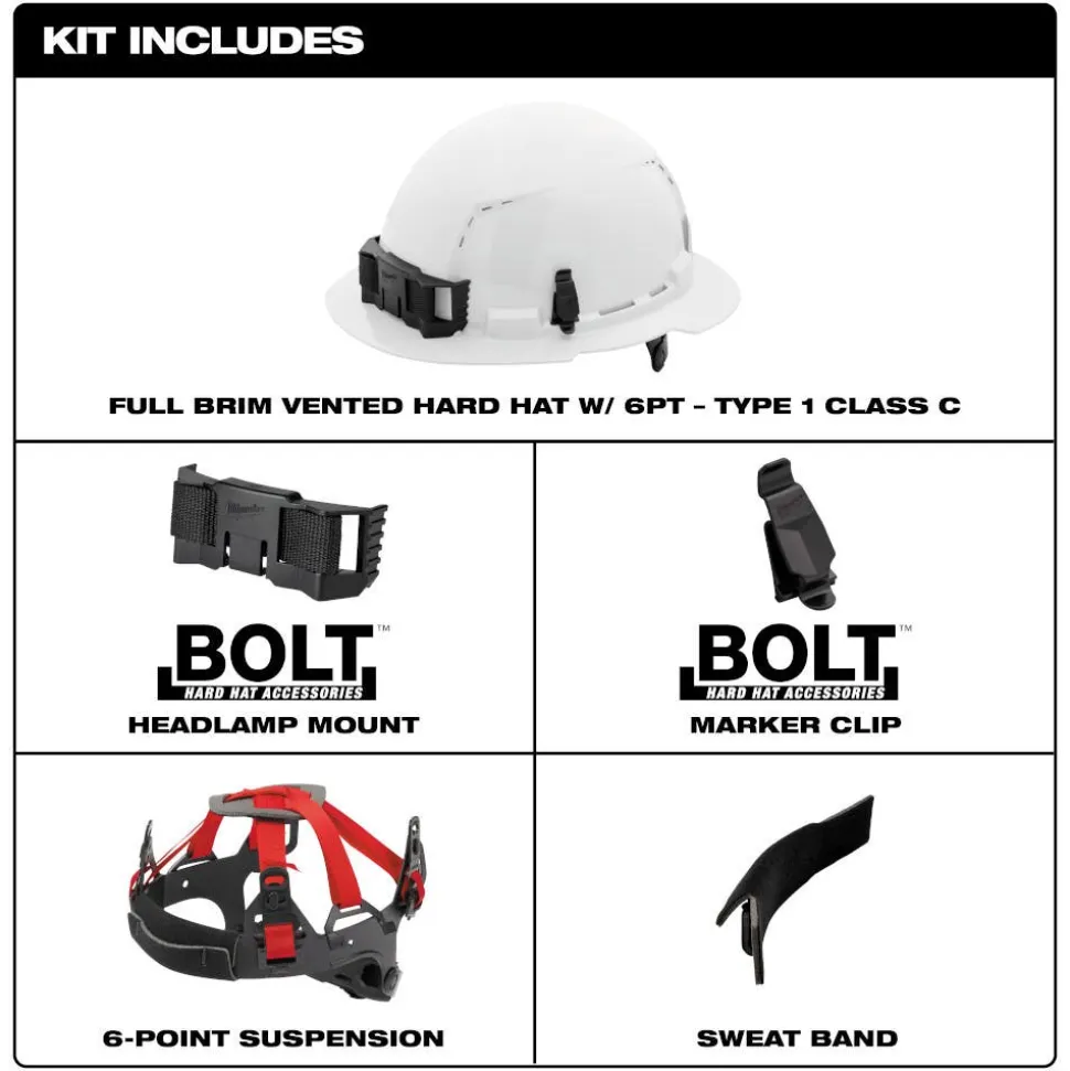 Milwaukee BOLT Hard Hat Vented, Class C Full Brim 6pt Suspension - Red 48-73-1229