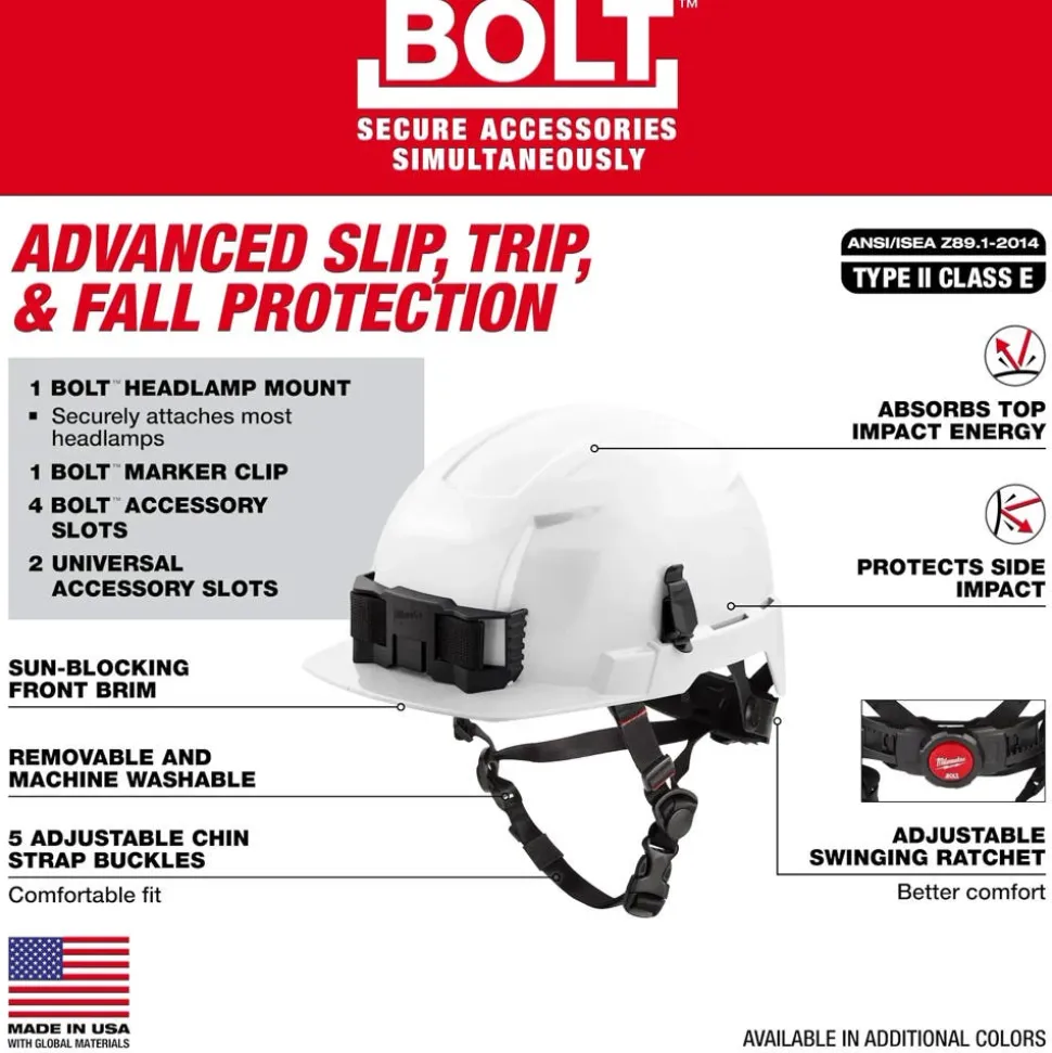 Milwaukee BOLT Type 2, Class E Unvented Front Brim Safety Helmet w/ IMPACT ARMOR Liner - White 48-73-1365