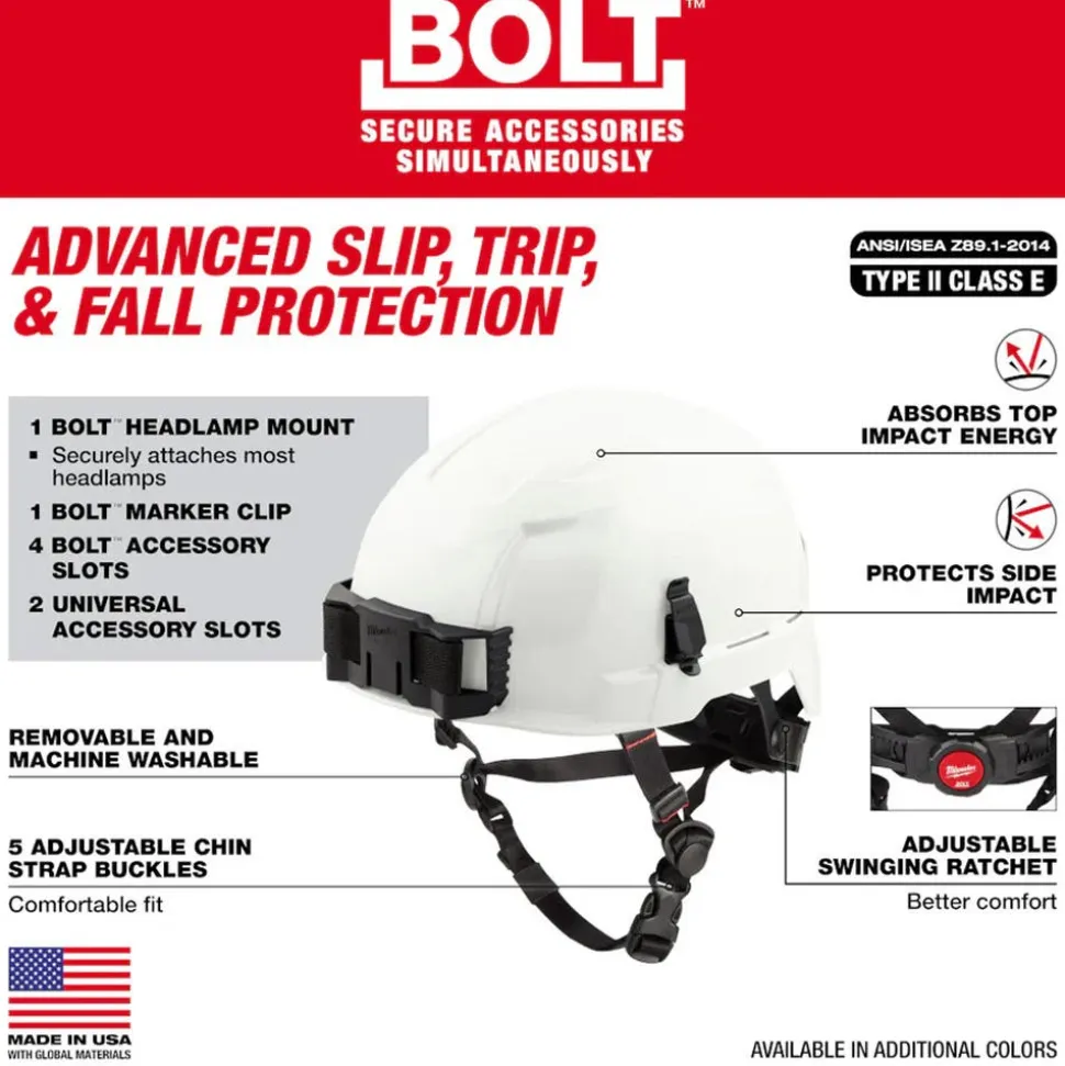 Milwaukee BOLT Type 2, Class E Unvented Safety Helmet w/ IMPACT ARMOR Liner - White 48-73-1351