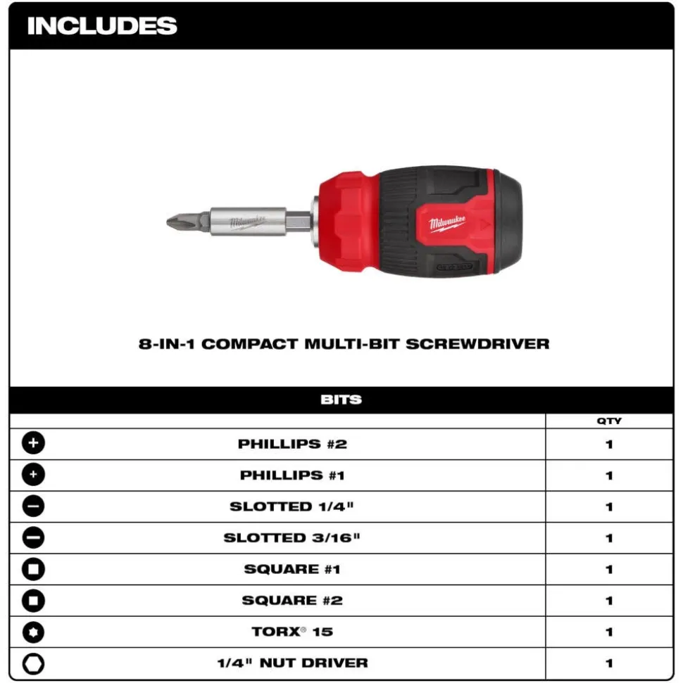 Milwaukee 8-in-1 Compact Multi-Bit Screwdriver 48-22-2910