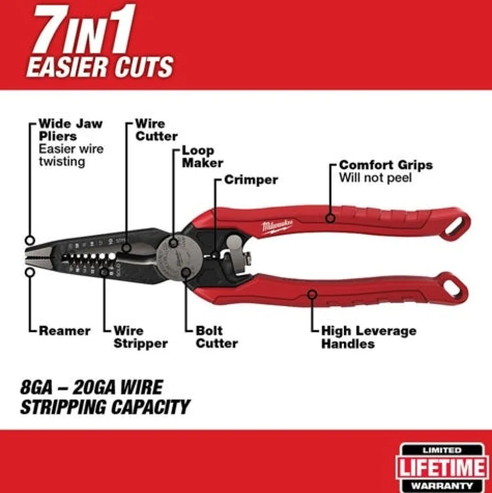 Milwaukee 7-In-1 High-Leverage Combination Pliers Wire Strippers 48-22-3078