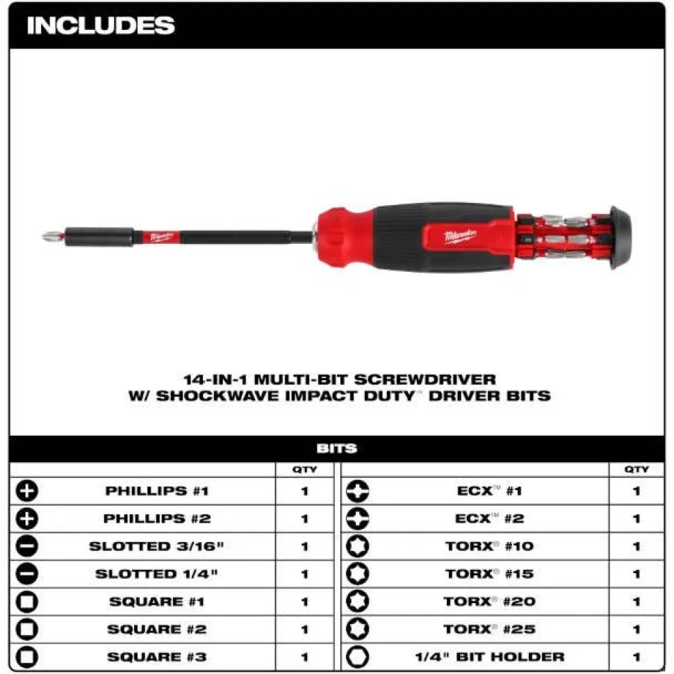Milwaukee 14-in-1 Multi-Bit Screwdriver w/ SHOCKWAVE Impact Duty Bits 48-22-2915