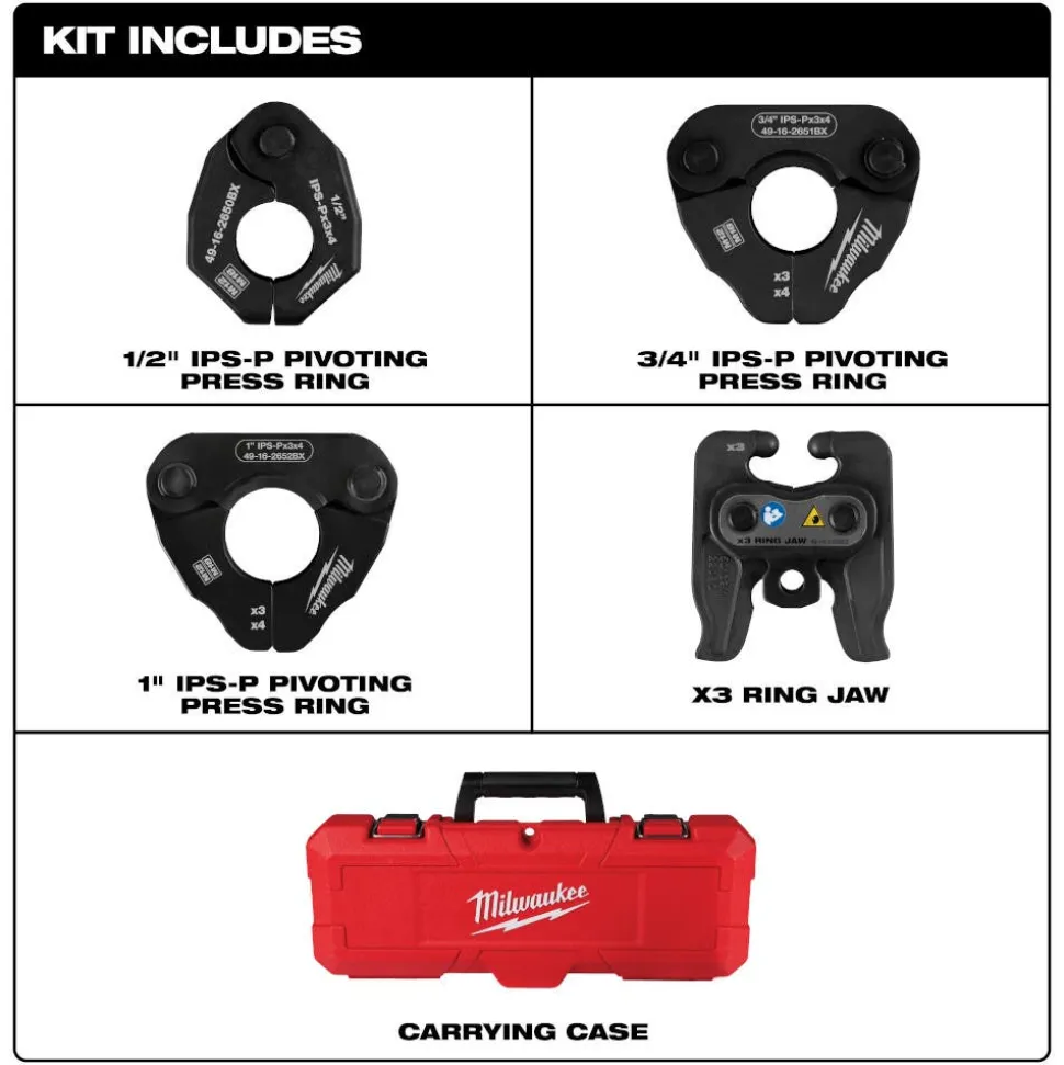 Milwaukee 1/2" - 1" IPS-P Black Pipe Pivoting Press Ring Kit for M12 FORCE LOGIC Press Tool 49-16-2496X