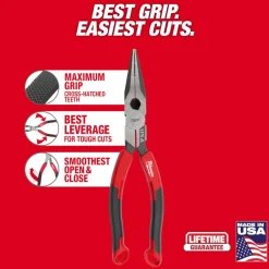 Milwaukee 8" Long Nose Comfort Grip Pliers (USA) MT555