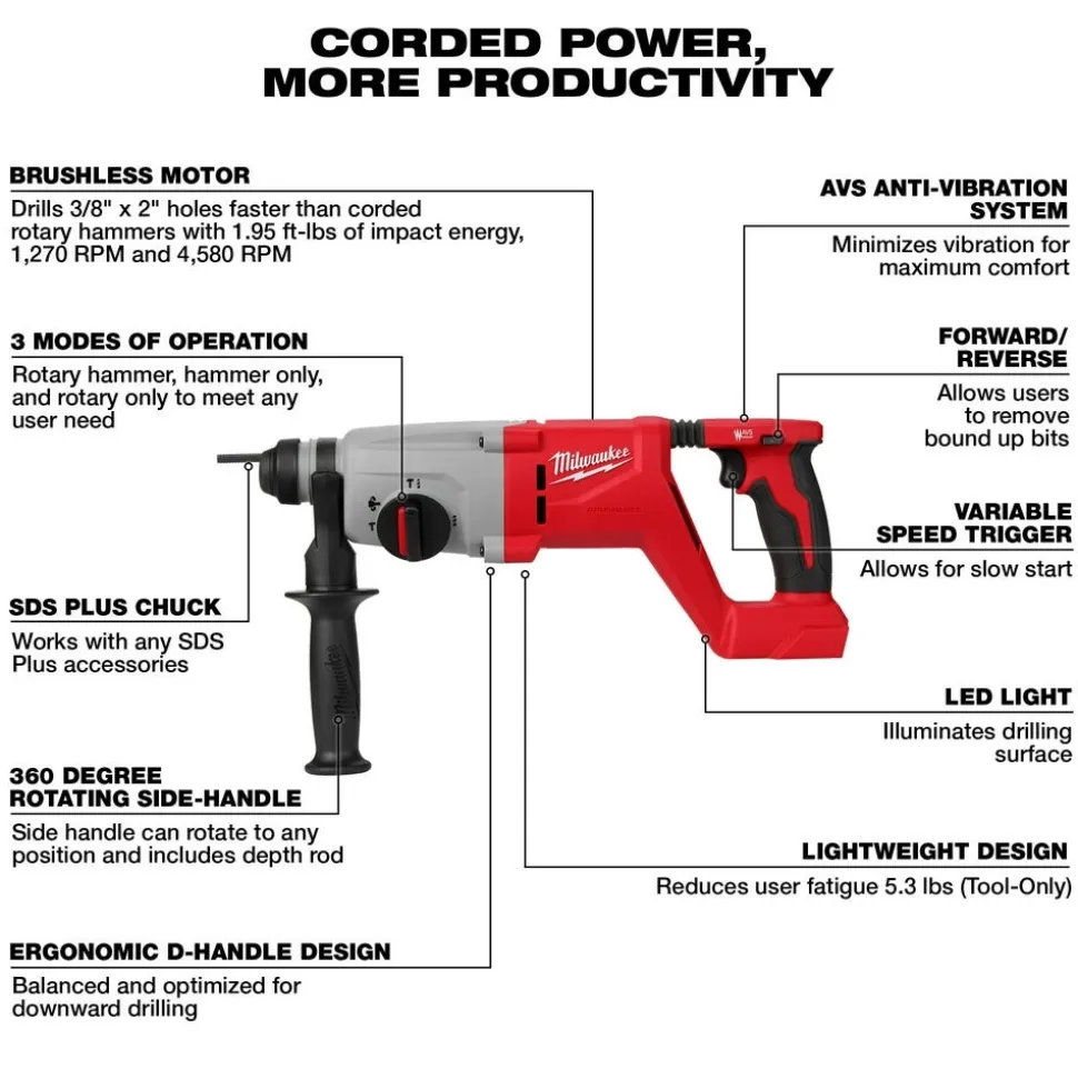 Milwaukee M18 Brushless 1" SDS Plus D-Handle Rotary Hammer 2613-20