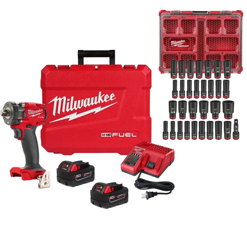 Milwaukee M18 FUEL 1/2 " Compact Impact Wrench Pin Detent Kit + XC5.0 Oil Resistant Battery Bundle KIT-2855P-22R-48-11-1850R