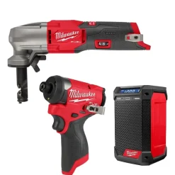 Milwaukee M12 FUEL 16Ga. Variable Speed Nibbler, 1/4" Hex Impact Driver & Radio/Charger Bare Tool Bundle