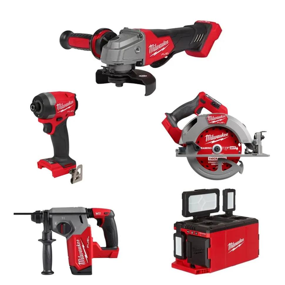 Milwaukee M18 FUEL 1/4" Hex Impact Driver, 5" No-Lock Paddle Switch Angle Grinder, 7-1/4†Circular Saw, 1" SDS Plus Rotary Hammer & PACKOUT Light/Charger Bare Tool Bundle