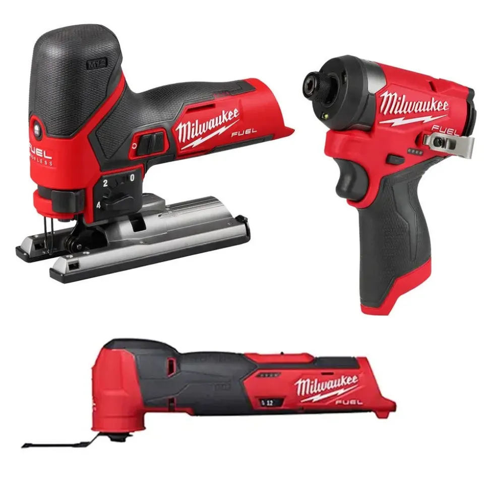Milwaukee M12 FUEL Jig Saw, Oscillating Multi-Tool & 1/4" Hex Impact Driver Bare Tool Bundle