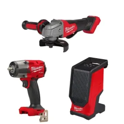 Milwaukee M18 FUEL 5" No-Lock Paddle Switch Angle Grinder, 3/8" Mid-Torque Friction Ring Impact Wrench & Bluetooth Speaker Bare Tool Bundle