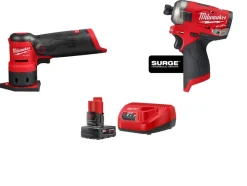 Milwaukee M12 FUEL Orbital Detail Sander with M12 FUEL SURGE 1/4" Hex Hydraulic Driver ONE BATTERY M12 REDLITHIUM XC4.0 Kit 2531-20 & 2551-20 & 48-59-2440