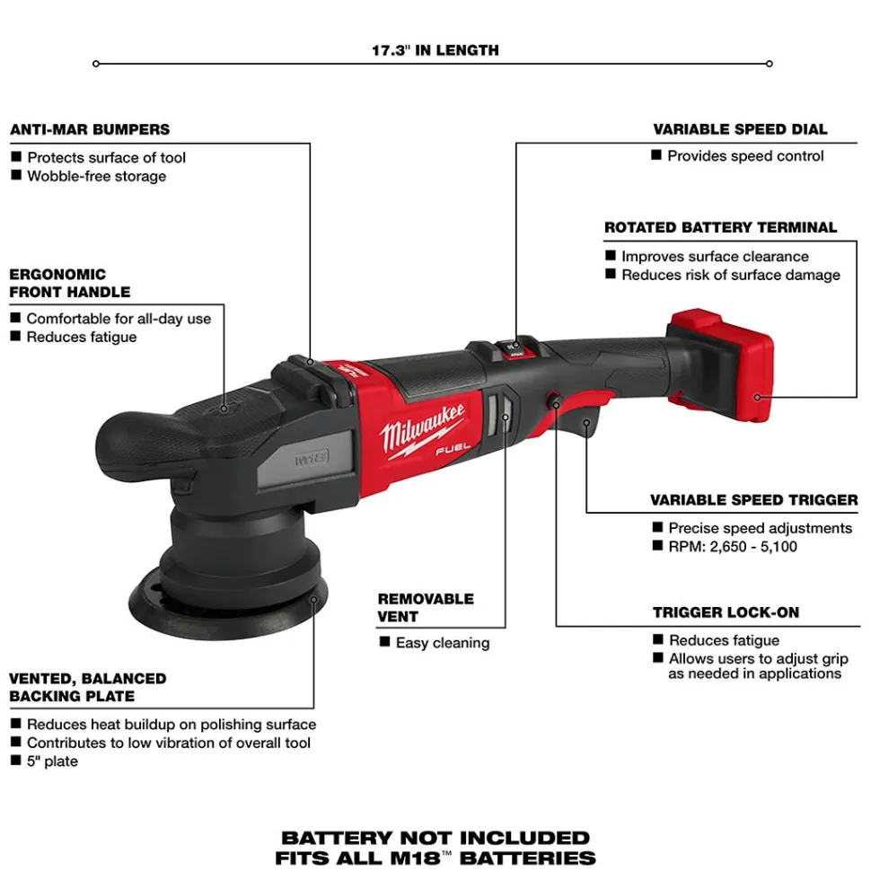 Milwaukee M18 FUEL 5" Pad 15mm Random Orbital Polisher (Bare Tool) 2684-20