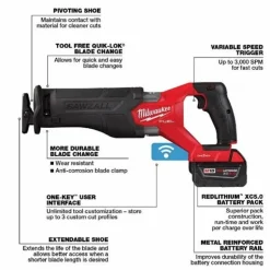 Milwaukee M18 FUEL SAWZALL Recip Saw with ONE KEY - 1 Battery XC5.0 Kit 2822-22
