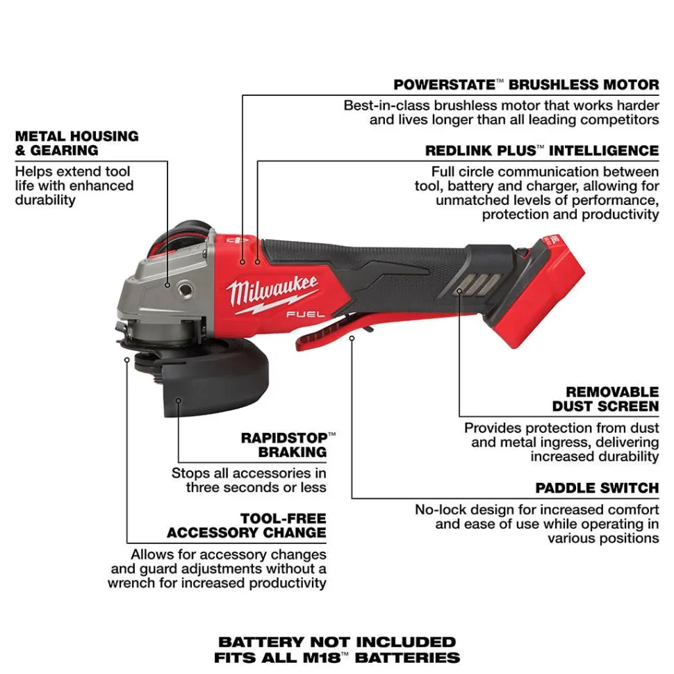 Milwaukee M18 FUEL 5" Variable Speed Braking Grinder Paddle Switch (Tool Only) 2888-20
