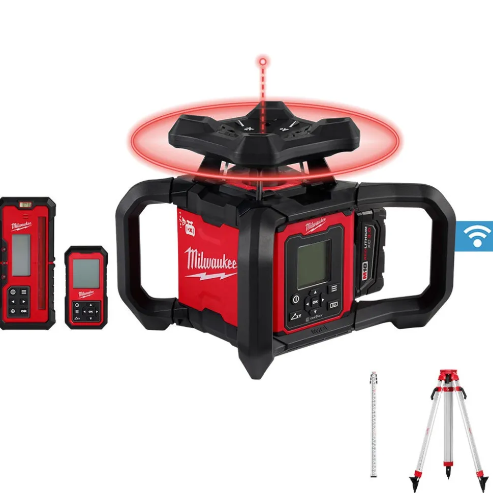 Milwaukee M18 Red Exterior Dual Slope Rotary Laser Level Kit w/ Receiver, Remote, Grade Rod & Tripod 3704-21T