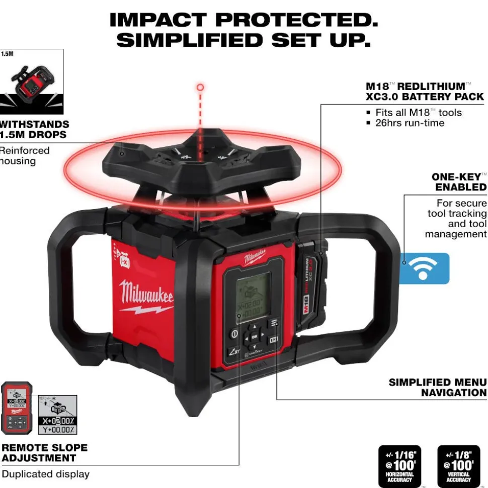 Milwaukee M18 Red Exterior Dual Slope Rotary Laser Level Kit w/ Receiver & Remote 3704-21
