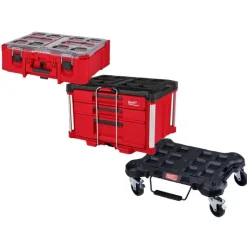 Milwaukee PACKOUT Dolly & PACKOUT Multi-Depth 3-Drawer Tool Box & PACKOUT Deep Organizer