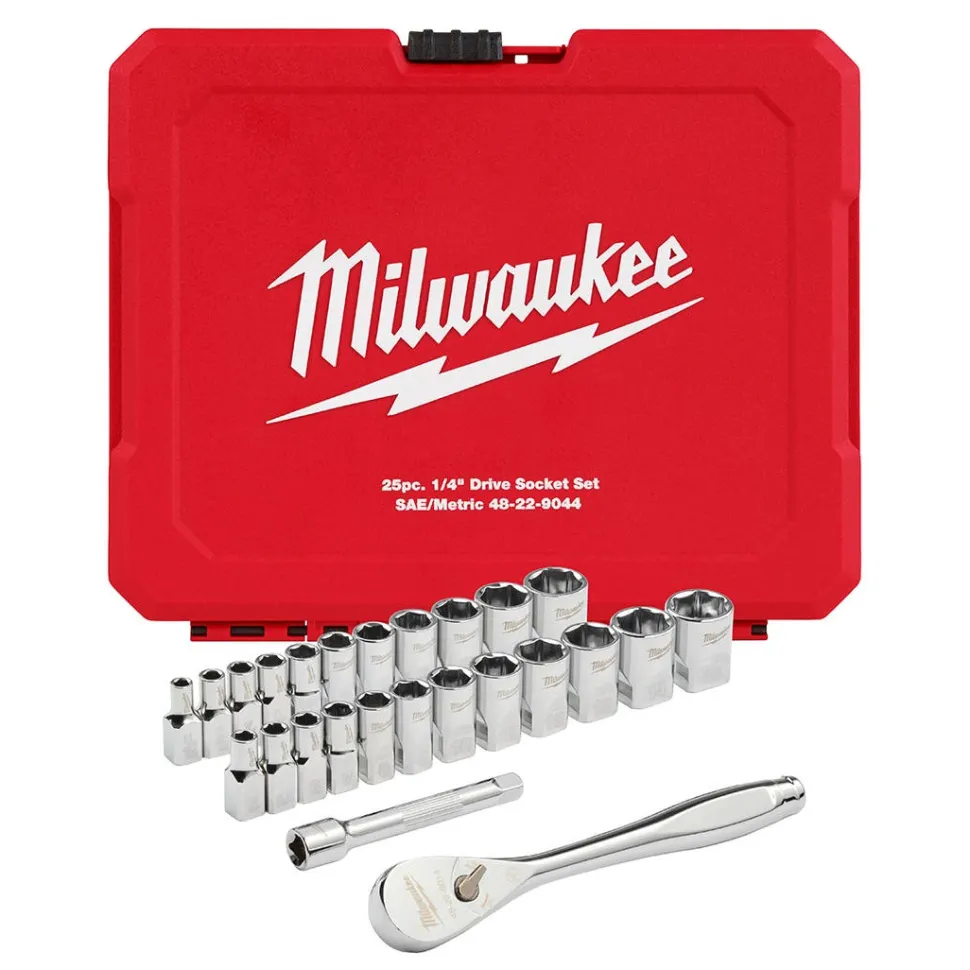 Milwaukee 25 Piece 1/4" Drive Metric & SAE Ratchet and Socket Set w/ FOUR FLAT SIDES 48-22-9044