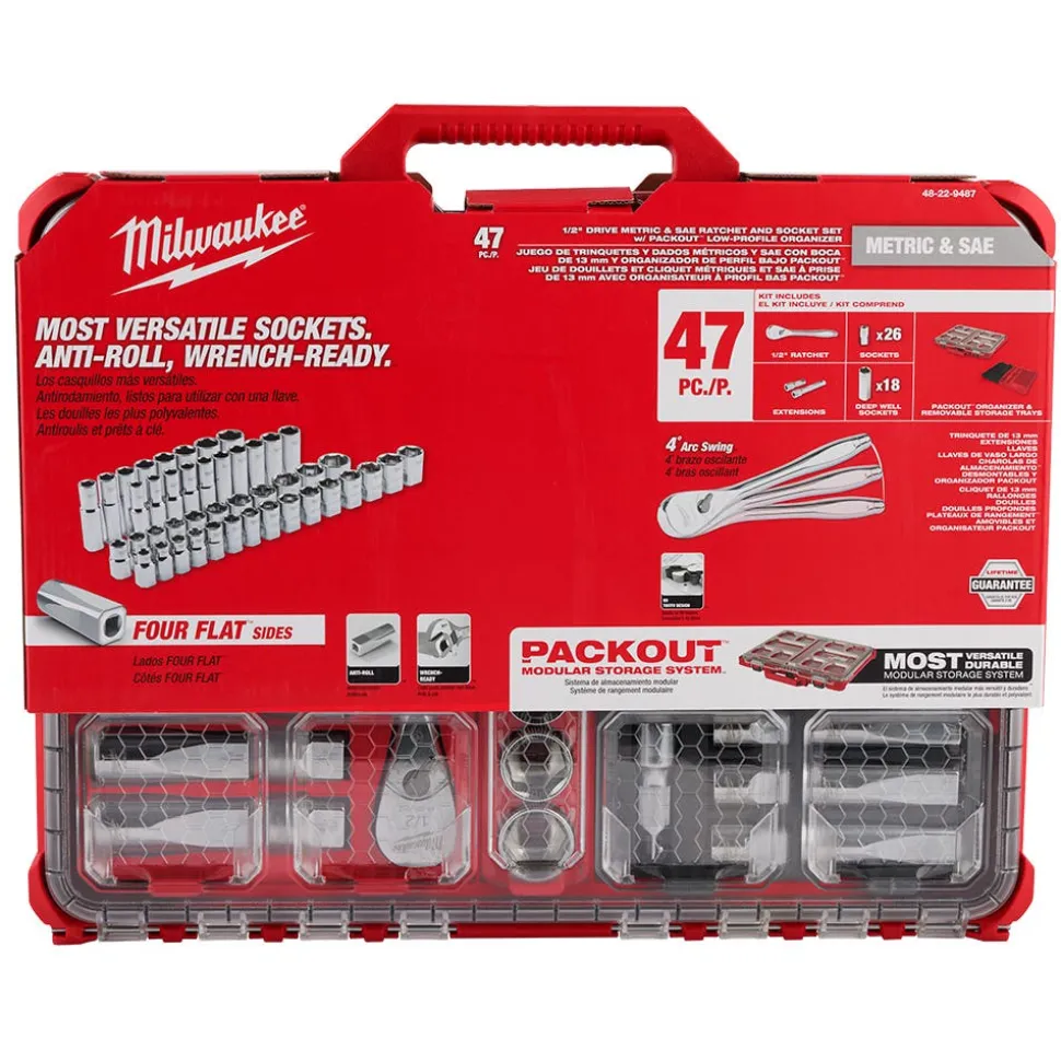 Milwaukee 47 Piece 1/2" Drive SAE & Metric Ratchet & Socket Set with PACKOUT Organizer 48-22-9487