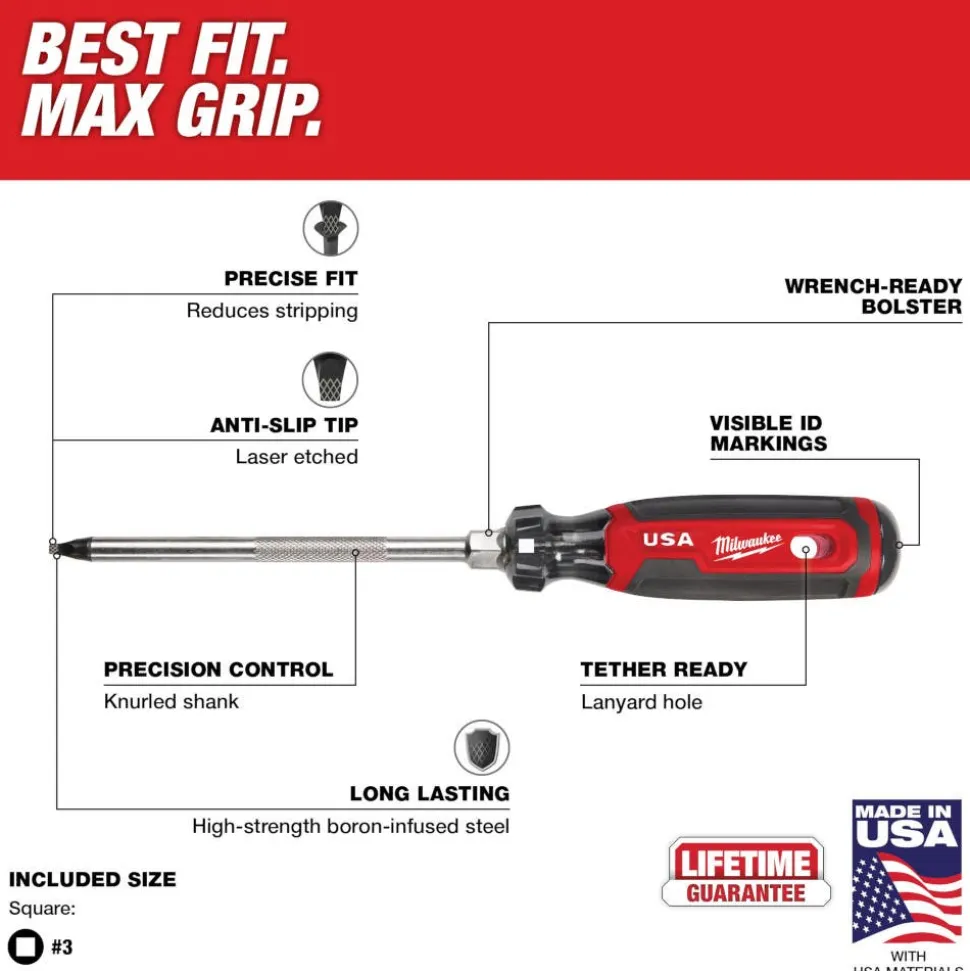 Milwaukee #3 Square 6" Cushion Grip Screwdriver (USA) MT219