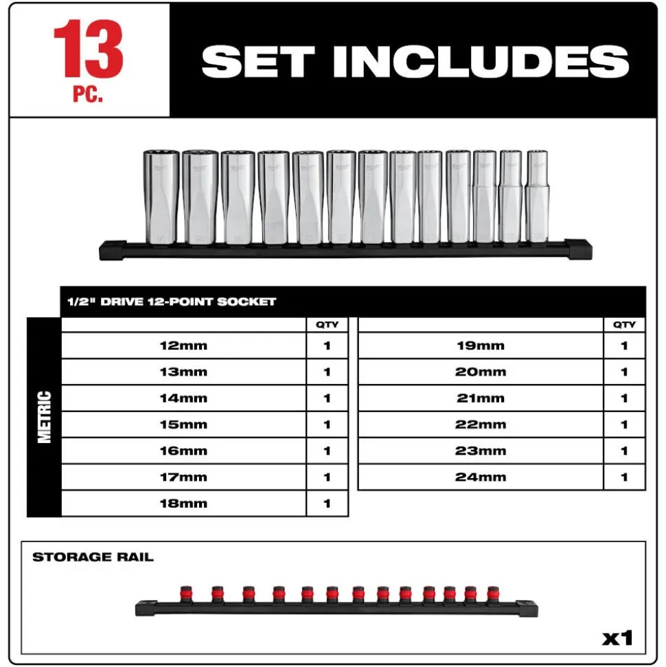 Milwaukee Tool 13pc 1/2" Drive 12-Point Deep Well Metric Socket Set 48-22-9524
