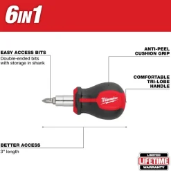 Milwaukee Tools 6-IN-1 Stubby Multi-Bit Screwdriver 48-22-2762