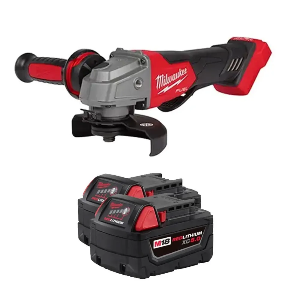 Milwaukee Tools M18 FUEL 5" Angle Grinder Paddle Switch, No-Lock w/ 2 PACK Red Lithium 5.0 Ah XC Batteries