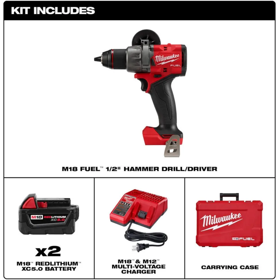 Milwaukee Tools M18 FUEL 1/2" Hammer Drill/Driver Kit and M18 FUEL 5" Angle Grinder Paddle Switch, No-Lock (Tool Only) KIT-2904-22-2880-20