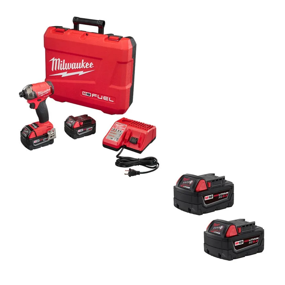 Milwaukee Tools M18 FUEL 1/2" Hammer Drill/Driver Kit and M18 Red Lithium 5.0 Ah XC Battery 2 PACK KIT-2904-22-48-11-1852