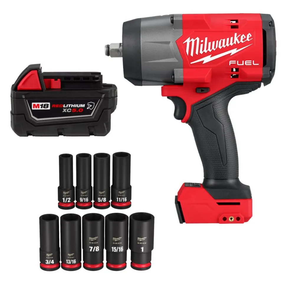 Milwaukee Tools M18 FUEL 1/2" High Torque Impact Wrench w/ Friction Ring (Bare Tool), M18 REDLITHIUM XC5.0 Resistant Battery, and 9 Piece Shockwave Impact Duty 1/2" Drive SAE Deep 6 Point Socket Set KIT-2967-20-48-11-1850R-49-66-7022