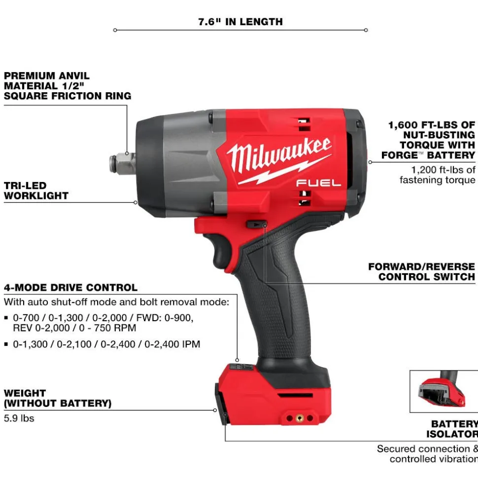 Milwaukee Tools M18 FUEL 1/2" High Torque Impact Wrench w/ Friction Ring (Bare Tool), M18 REDLITHIUM XC5.0 Resistant Battery, and 9 Piece Shockwave Impact Duty 1/2" Drive SAE Deep 6 Point Socket Set KIT-2967-20-48-11-1850R-49-66-7022